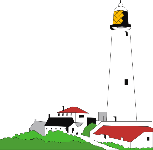 The image shows a lighthouse with red roofs next to it on land, set against an evening sky background.