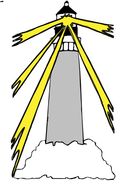 The black and white illustration features a lighthouse with rays of light emanating from it against an evening sky background.