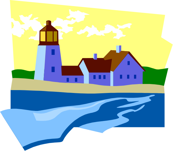 The image depicts a cartoon illustration of an idyllic coastal scene with a lighthouse on land next to water under a clear sky during what appears to be sunset.