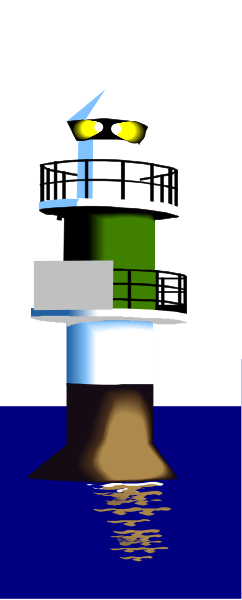 The image shows a pixelated lighthouse on water with blue sky background.