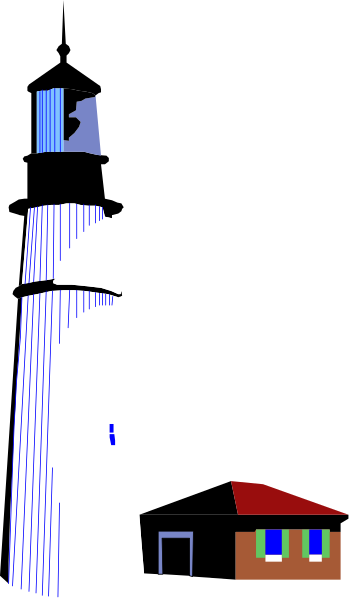 The image shows a lighthouse with an animated character standing next to it at nighttime on what appears to be a cloudy day.