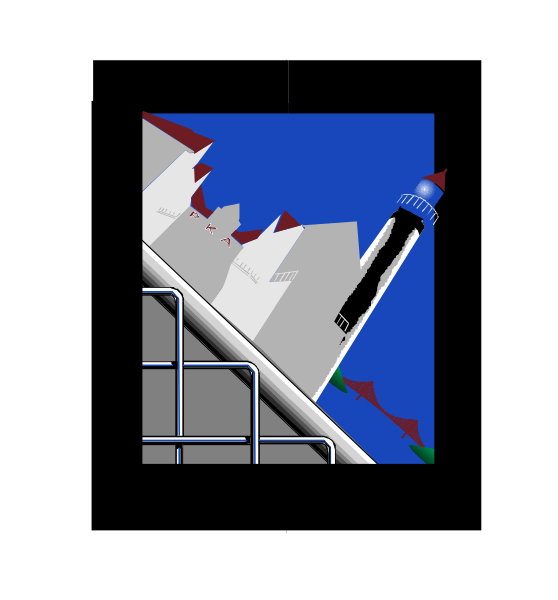 The image shows a pixelated representation of an ocean liner with waves crashing against it on its side, set within what appears to be a frame that resembles a window pane.