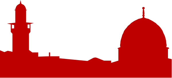 The image shows a red silhouette of buildings with domes against an overcast sky background.