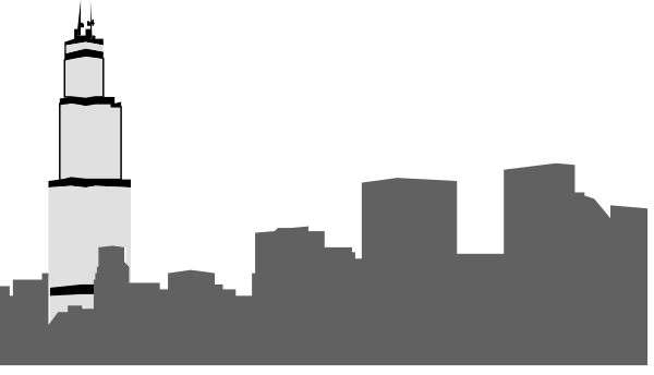 The image shows a black silhouette of an urban skyline with buildings against a dark background on top left corner; there is no text present in this clip-art image.