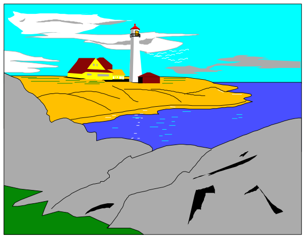 The image shows a split screen with two different scenes: on top, there's an illustration of a lighthouse by water under a cloudy sky; below it is another scene depicting rocks near the ocean and what appears to be a small island or landmass in front of the sea.