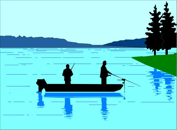 The image shows a serene scene of two men fishing on calm water with mountains visible across it; there is no text present in this clip-art illustration.