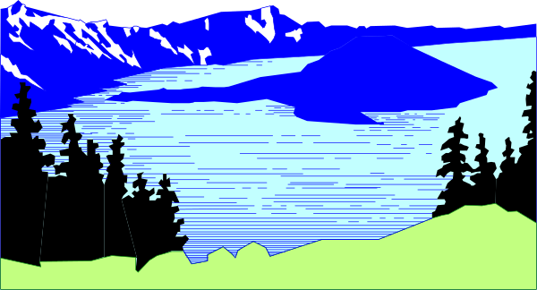 The image shows a serene landscape with mountains on either side of a lake under an overcast sky at sunset.