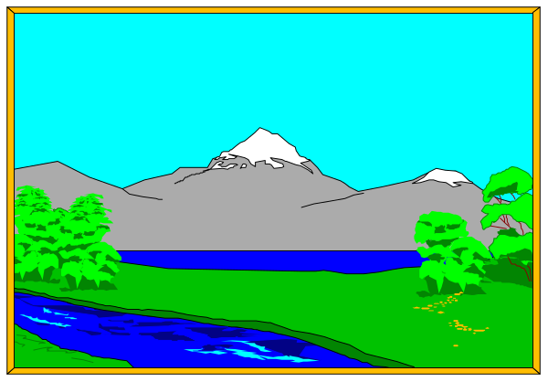 The image shows a landscape scene with mountains on either side of a river under blue sky; it's divided into four sections by lines that create windows within an enclosing frame.