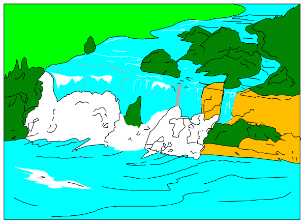 The image shows a colorful cartoon depicting two scenes: on top is an idyllic landscape with trees under blue skies; below it appears to be water flowing over rocks in front of cliffs, suggesting a river scene.