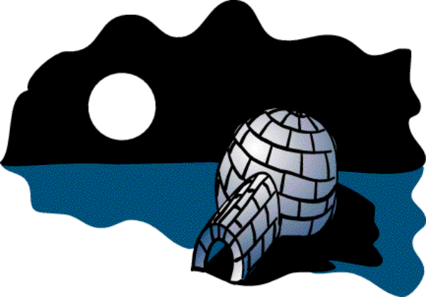 The image shows a cartoon of an igloo with snow on its roof next to water under a dark sky at nighttime.