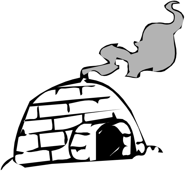 The black and white silhouette of a person smoking from an igloo pipe with smoke rising above it.