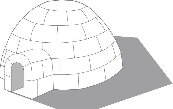 The image shows two igloos: a large white 3D model on top of another smaller grey 2D representation with an entrance door in front. They appear to be placed side by side against a dark background, possibly for comparison purposes between their sizes and designs. There are no people or animals present; the focus is solely on these two igloo models. The setting seems artificial as there's nothing else visible around them that would indicate an outdoor environment typically associated with such structures in reality.