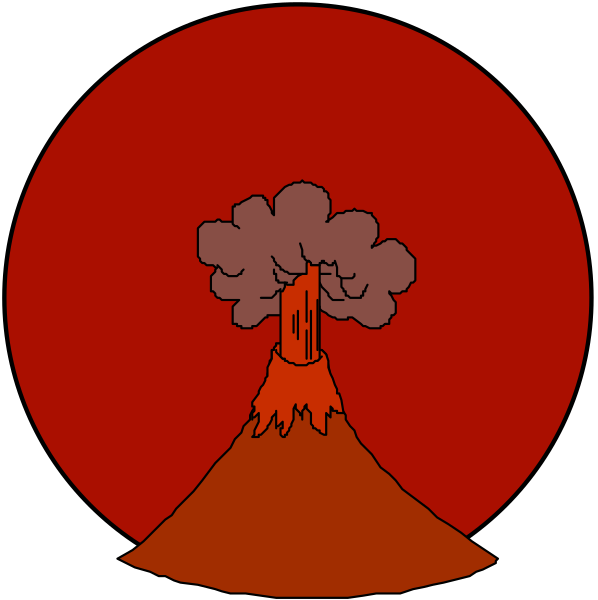 The images show a volcano with smoke billowing from its top against two different backgrounds: red for daytime and black for nightime.