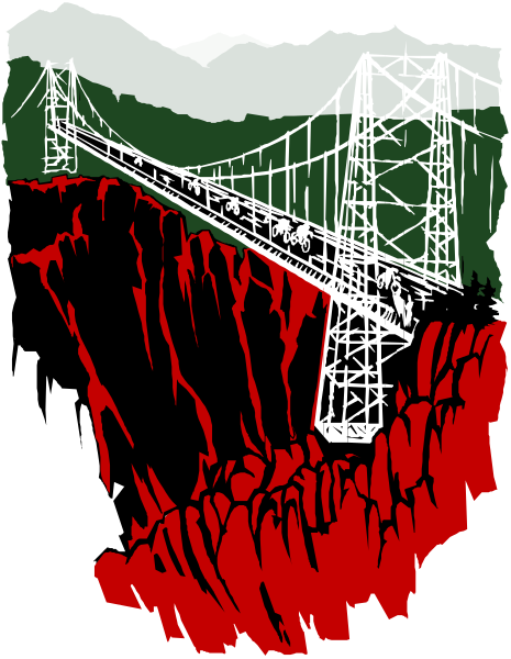 The image shows a black and white illustration of an iconic landmark with red cliffs on either side, featuring a bridge in between them that is partially obscured by foggy conditions at its base; there's no text present within this clip-art style picture.