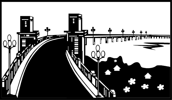 The black and white comic strip shows a bridge over water with trees on either side of it; there's also an image within this frame depicting two towers connected by cables atop one another, suggesting that these could be part of a larger structure or cityscape in the background.