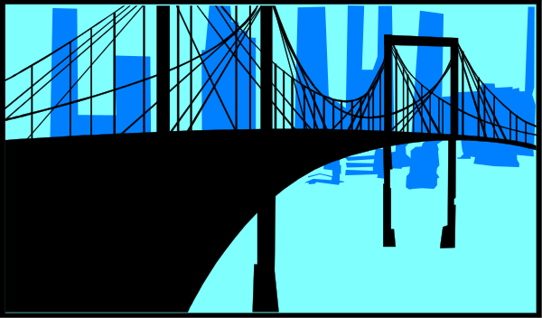 The image shows a black and white illustration of an urban scene with two bridges over water; on top is a suspension bridge supported by towers connected to each other at mid-span, while below it's another smaller span that appears more like a drawbridge or lift gate mechanism for boats.
