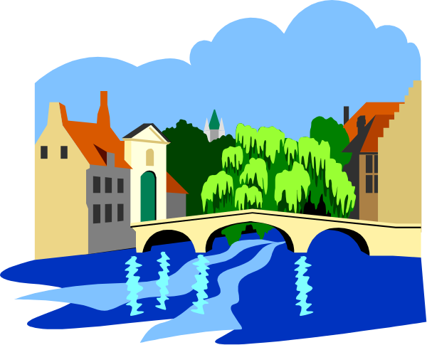The image depicts a serene scene of an old European town with cobblestone streets next to waterways under blue skies.
