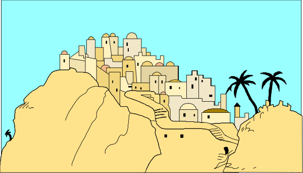 The image shows a cartoon depiction of an old western town with buildings made from stone blocks on top of rocky cliffs under clear blue skies; palm trees line one side street leading to it.