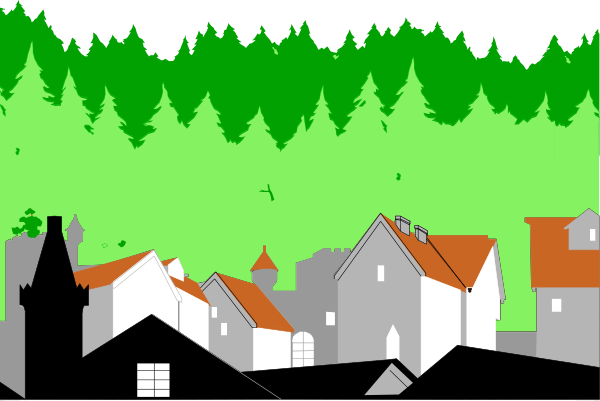 The image shows a black and white illustration of an idyllic village scene with houses nestled among trees on rolling hills under a clear sky.