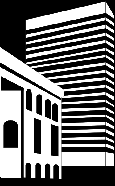 The black and white silhouette of a tall building with many windows next to another smaller structure against an urban background.