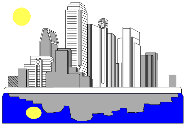The black and white illustration depicts a city skyline at night with buildings silhouetted against an illuminated moonlit background; there is no text present in this image.
