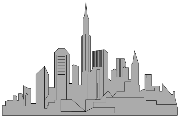 The black and white silhouette of a city skyline with buildings against an evening sky background.