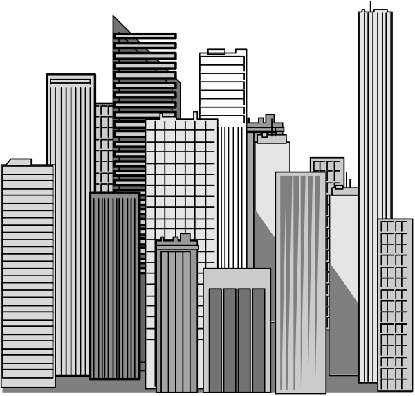 The black and white illustration shows a city skyline with various buildings of different heights against an urban nighttime background.