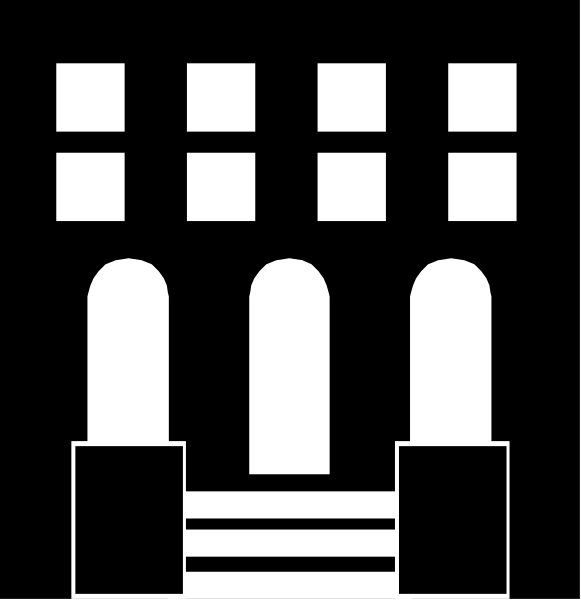 The black and white icon depicts a church with two towers on either side of an entranceway that has three arches at its base.