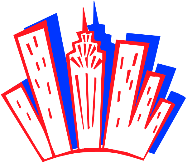 The image shows a stylized graphic of an urban skyline with three prominent buildings resembling New York City's Empire State Building in front of which is silhouetted against blue skies at night, and below it there appears to be two smaller structures that could represent other city landmarks.