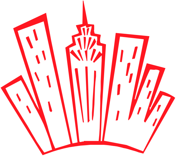 The image shows a stylized graphic of three skyscrapers resembling buildings with windows against an urban background that includes silhouettes of city structures like towers and possibly other architectural elements typical to metropolitan areas, all set within what appears to be a red border or frame at the bottom.