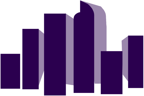 The image shows a stylized cityscape with buildings that have been edited to appear as if made of Lego bricks in shades of purple and gray against a dark background.