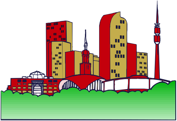 The image shows a nighttime cityscape with skyscrapers illuminated against dark skies; there is no visible text in this clip-art representation of an urban scene at dusk featuring buildings that resemble those found in major cities, possibly suggesting it's meant to represent New York City.