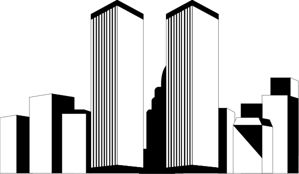 The image shows a black and white graphic of an abstract cityscape with buildings that have vertical lines creating patterns on them against a dark background.