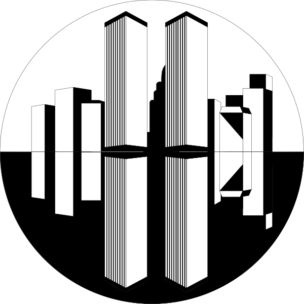 The black and white illustration features two circular images of a city skyline with tall buildings against different backgrounds: on top is an image showing only silhouettes; below it shows more detailed representations including what appears to be a church steeple, possibly indicating religious significance or architecture in the area depicted.