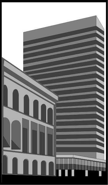 The black and white illustration shows a tall building with many windows on its side next to an older brick structure that appears to be part of another larger edifice in front of it; there is no visible text, people, animals, actions, or setting details provided within this image description.