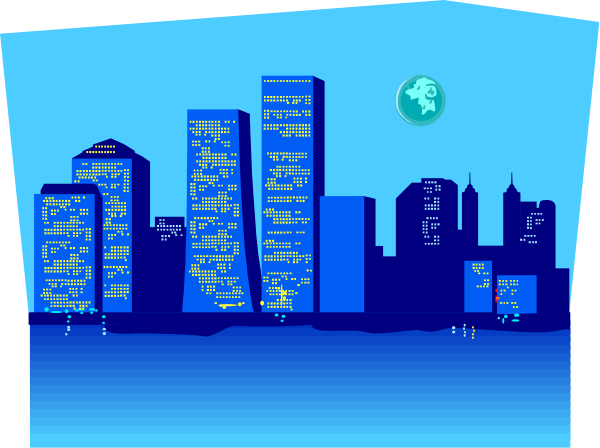 The image shows a nighttime cityscape with skyscrapers illuminated against a dark background; there is no visible text in this clip-art representation of an urban scene at dusk featuring buildings that resemble silhouettes, and it appears to be stylized or simplified rather than realistic.