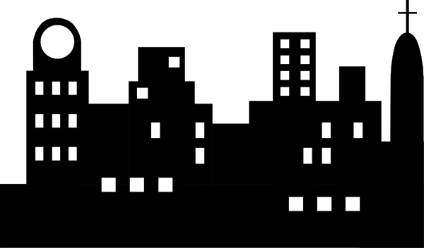 The image shows a black and white pixelated representation of an urban skyline with various buildings at nighttime against a dark background.