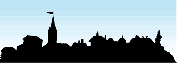 The image shows a black and white silhouette of an urban landscape with buildings on both sides of what appears to be water in front, possibly representing a city skyline at nighttime.