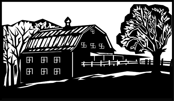 The black and white illustration depicts a rural scene with an old barn on the left side of the frame under what appears to be trees in wintertime; there is also a silhouette of a house, possibly indicating that it's night time due to no visible windows or lights illuminating.
