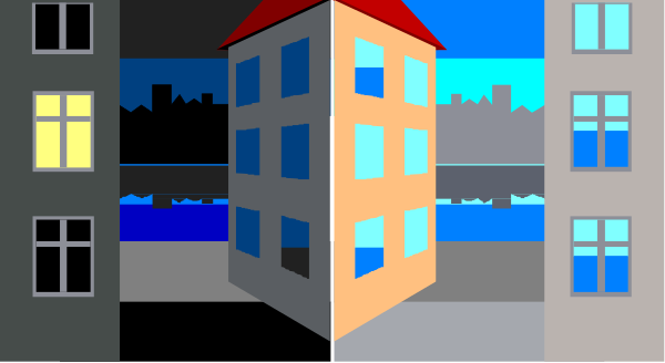 The image shows a digital painting of an urban scene with two buildings side by side: on the left is a tall building painted in shades of blue; to its right stands another taller structure featuring red brickwork and multiple windows, both set against a backdrop that includes elements like trees, sky, waterway.