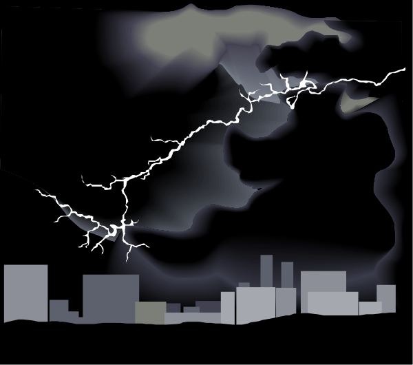 The image shows a cityscape with buildings under an ominous sky that has lightning bolts striking down on it from above.