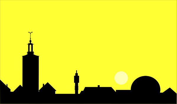 The image shows a silhouette of an old town with buildings at sunset against a yellow sky; there is no text present in this clip-art illustration.