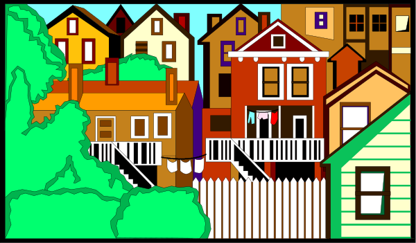 The image shows a stylized depiction of an urban scene with houses painted on it; there is no text present in this clip-art illustration.