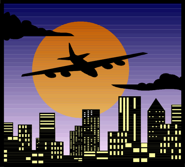 The image depicts a nighttime cityscape with an airplane flying over it under a full moon.