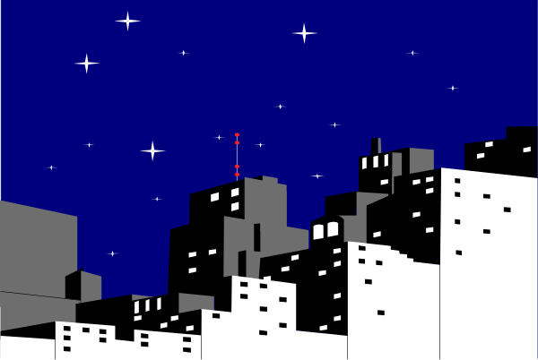 The image shows a nighttime cityscape with buildings illuminated by streetlights against a dark sky filled with stars; there is no visible text in this clip-art illustration of an urban scene at dusk, featuring silhouettes and outlines that suggest architectural structures without detailing the specifics.