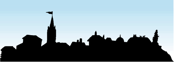 The image shows a black and white silhouette of an urban landscape with buildings on both sides along what appears to be waterfronts, possibly representing two different towns facing each other across a body of water under a clear sky at dusk; there is no text or human activity visible in the clip-art.