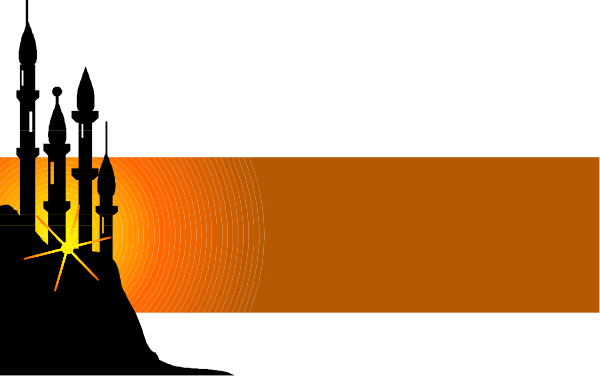 The image shows a pixelated scene with an orange sunset background featuring silhouettes of buildings on either side; there is no text present in this clip-art representation.