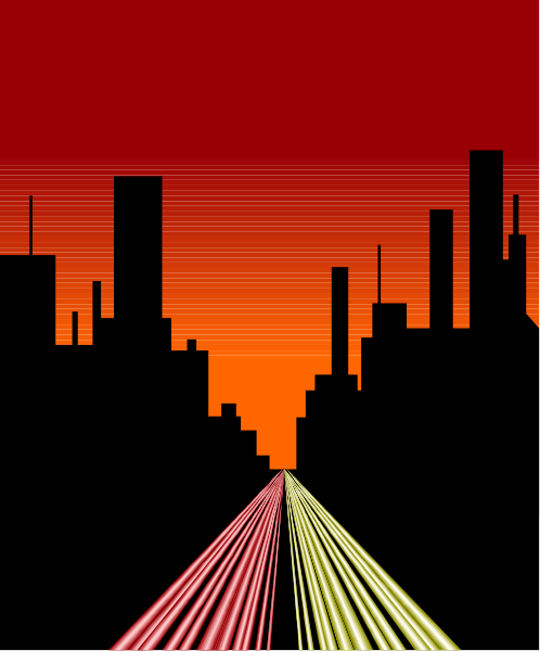 The image shows a cityscape at sunset with buildings silhouetted against an orange sky; there is no visible text in this clip-art representation of urban life during dusk.