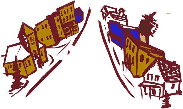 The image shows a hand drawn sketch of houses on either side of an empty road with trees at both ends.