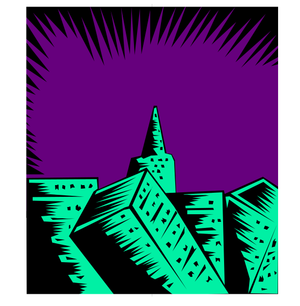 The image shows a nighttime cityscape with an illuminated church steeple against a dark sky background featuring stars; there is also a stylized depiction of buildings in silhouette on either side, and it appears to be part of a larger graphic or illustration that includes text elements.